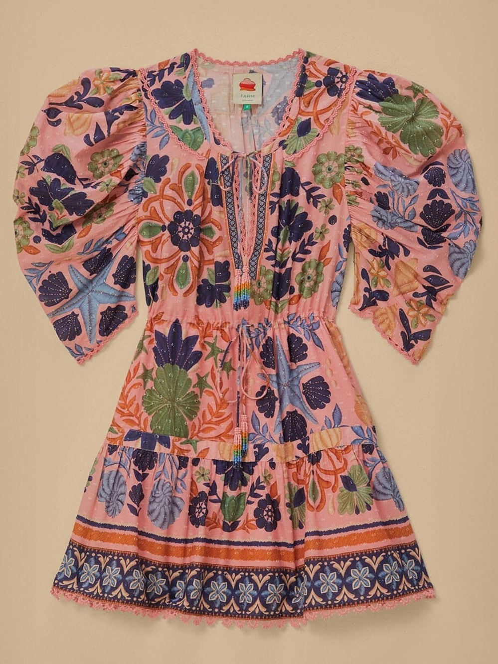 FARM Rio Seashell Tapestry Pink Cotton Puff Sleeve Mini Dress XS
